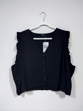 Madewell Linen Blend Button Front Top Black 24 Ruffle Sleeve Oversized